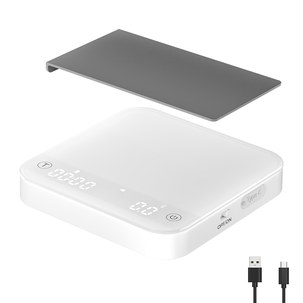 Power Bank - ポータブルコーヒースケール 0.1g精度 0.3g-2000g、流量＆比率モード、7時間バッテリー Type-C、強化ガラス、白＆黒