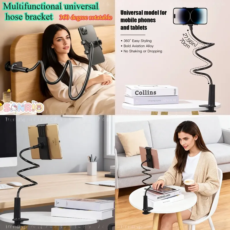 Phone Holder - 360度フレキシブルホース式スマホホルダー、タブレットスタンド、安定性のある防振機能、角度調整可能なデスクトップ用クリップオン