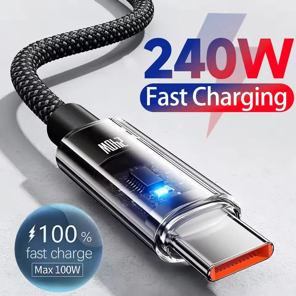 Usb Charger - 240W ナイロン製 USB Type-C 超急速充電ケーブル。Samsung、Xiaomi、Huawei、Honorに対応。LEDデジタル表示付きUSB-C充電・データ転送ケーブル。