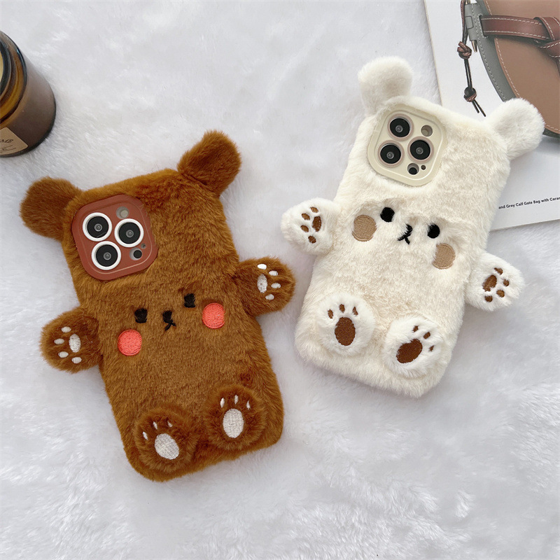 韓国の3D漫画風クマのふわふわぬいぐるみカップル携帯ケース  - Usb Charger のレビューと価格